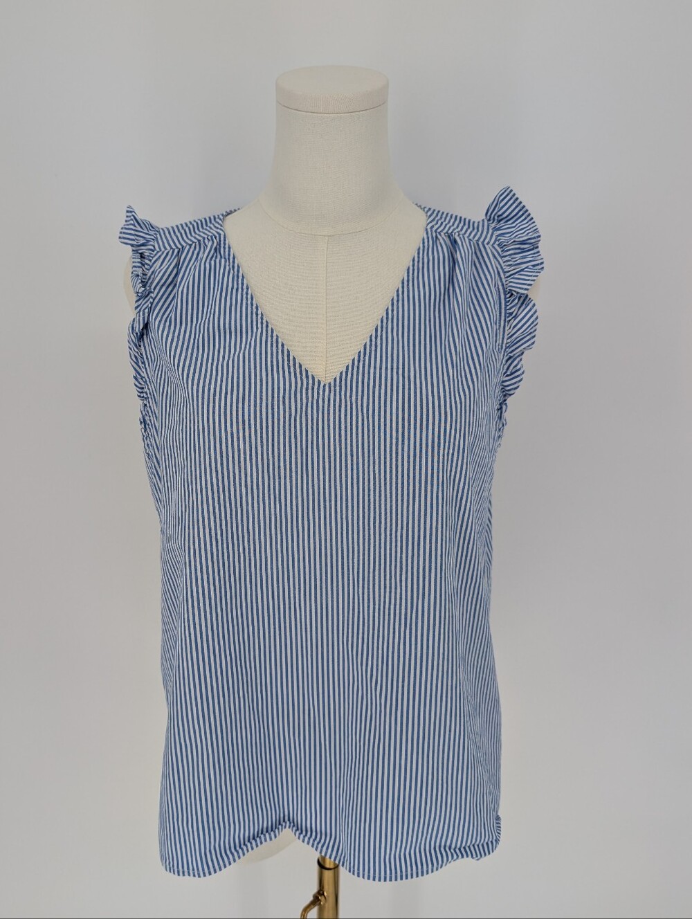 J.Crew Striped Ruffle V-Neck Sleeveless Top | Size M | Blue White Striped Summer